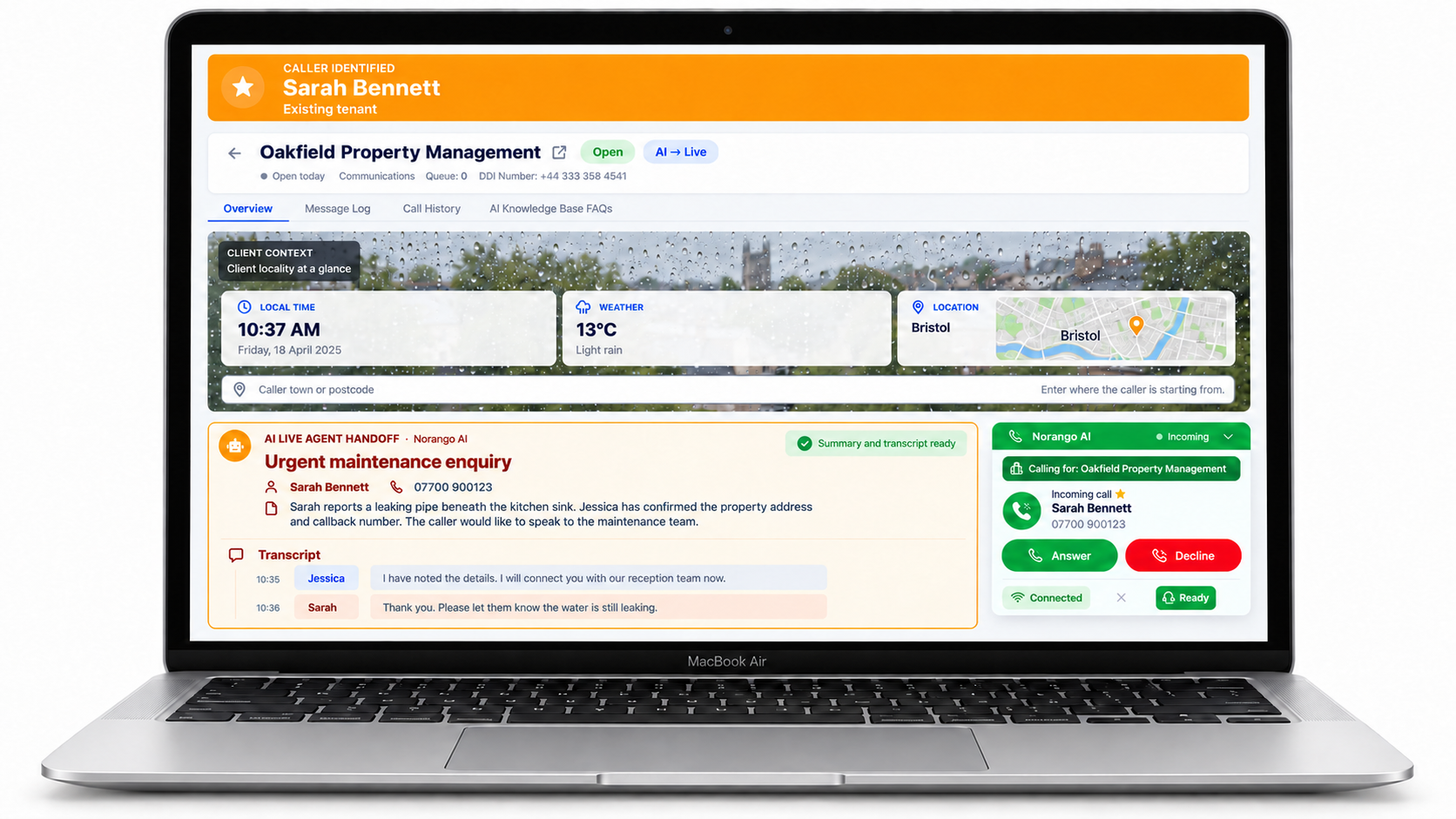 Receptionist handover showing the enquiry, summary and transcript