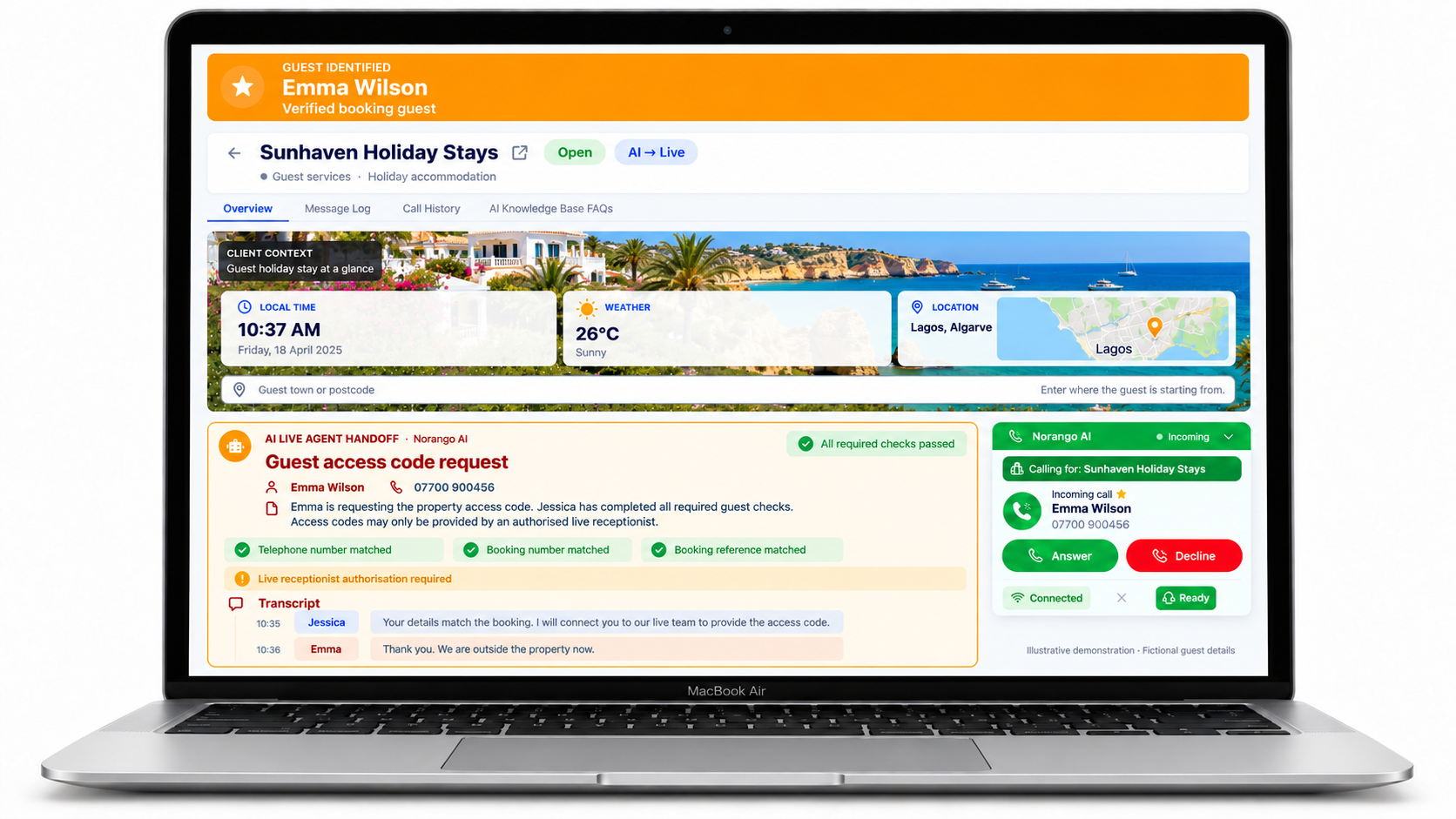 Fictional Sunhaven guest access-code handover to an authorised receptionist