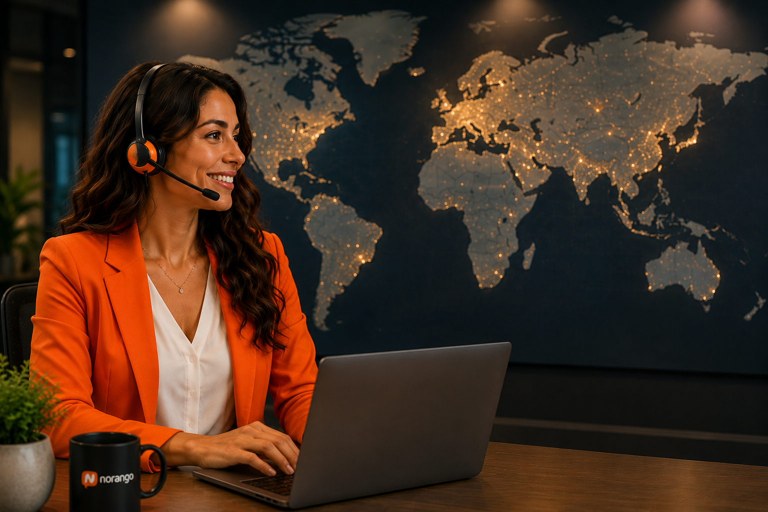 Jessica handling a multilingual international reception route in front of a world map